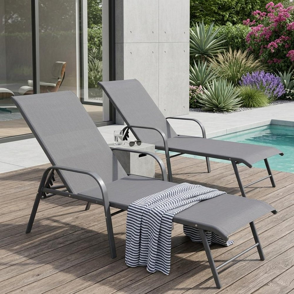 Set of Two Gray Aluminum Six Position Adjustable Outdoor Stacking Chaise Lounges