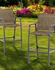 Set of Two 28" Gray and Brown Steel Outdoor Bar Height Chairs