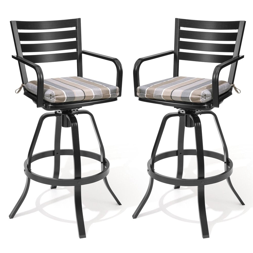 Set of Two 30" Black and Off White Aluminum Swivel Outdoor Bar Height Chairs