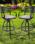 Set of Two 30" Black and Off White Aluminum Swivel Outdoor Bar Height Chairs