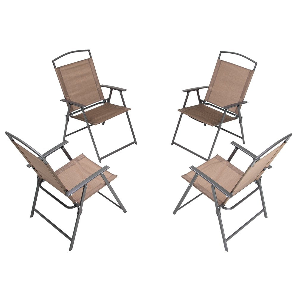 Set of Four Brown Steel Sling Outdoor Folding Stacking Dining Chairs