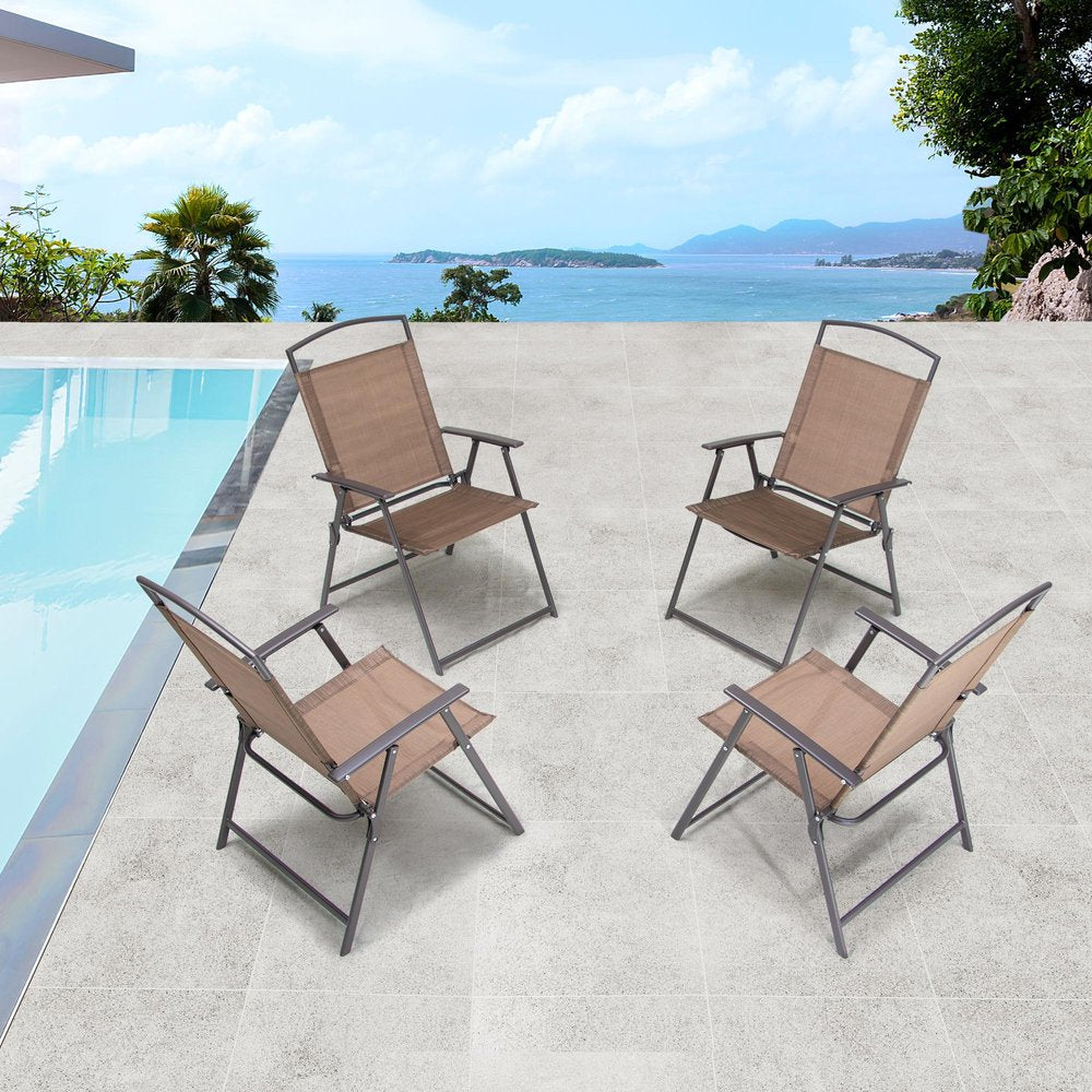Set of Four Brown Steel Sling Outdoor Folding Stacking Dining Chairs