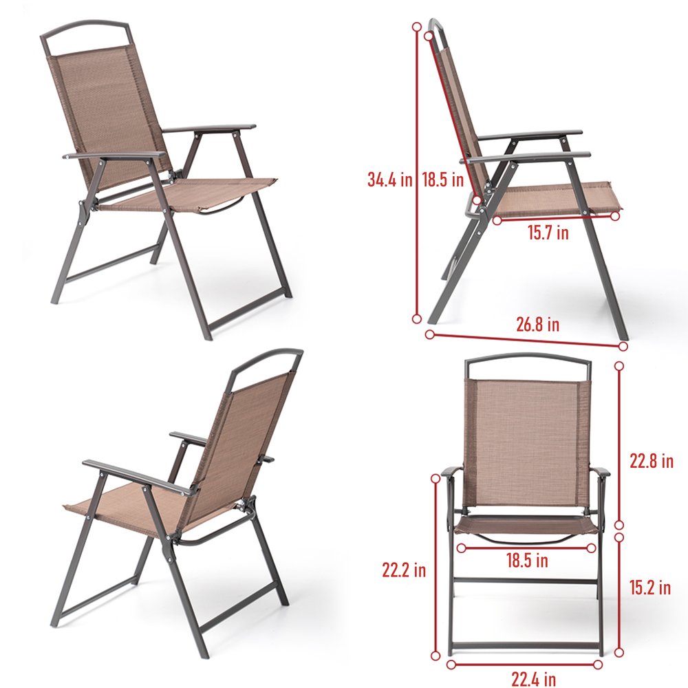Set of Four Brown Steel Sling Outdoor Folding Stacking Dining Chairs