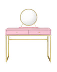 42" Gold And Pink Wood Vanity Table With Mirror And Two Drawers