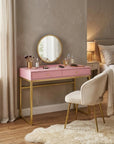 42" Gold And Pink Wood Vanity Table With Mirror And Two Drawers