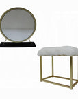 Set of Two Gold Black and White Metal And Faux Fur Freestanding Makeup Mirror And Stool