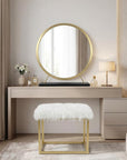 Set of Two Gold Black and White Metal And Faux Fur Freestanding Makeup Mirror And Stool