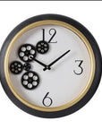 16" Black Gold And White Faux Leather And Iron Analog Exposed Gear Round Wall Clock