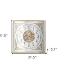 32" Square Gold and Silver Wood and Mirror Analog Exposed Gear Wall Clock