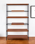 70" Oak And Black Metal and Wood Six Tier Etagere Bookcase