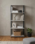 44" Antiqued White And Black Distressed Metal and Wood Four Tier Etagere Bookcase
