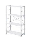 42" White And Silver Metal and Wood Four Tier Etagere Bookcase
