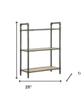 36" Antique Oak and Sandy Gray Metal Three Tier Standard Bookcase