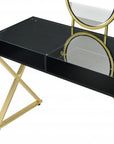 42" Black And Gold Glass and Wood Mirrored Vanity Table
