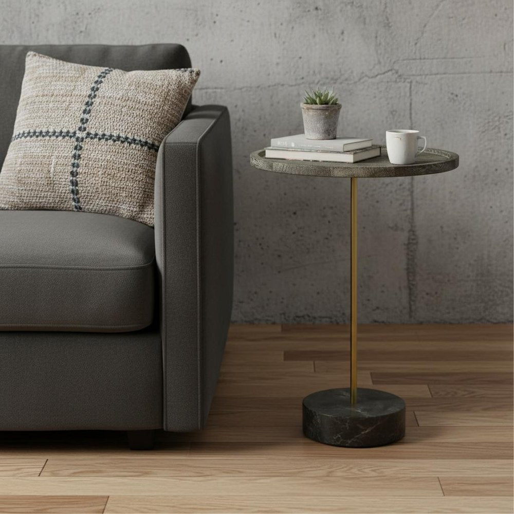 30" Black And Brown Solid Wood And Marble Round End Table