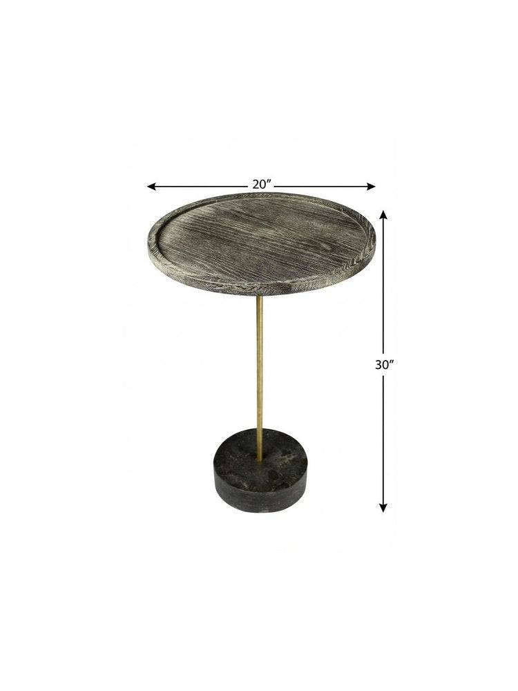 30" Black And Brown Solid Wood And Marble Round End Table