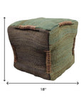 18" Green and Brown Jute Cube Pouf Ottoman