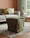 18" Green and Brown Jute Cube Pouf Ottoman