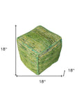 18" Green Recycled Silk and Cotton Blend Cube Pouf Ottoman