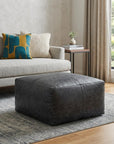 22" Black Distressed Leather Pouf Ottoman