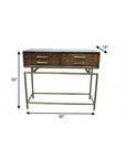 36" Brown and Brass Solid Wood Distressed Frame Console Table With Storage