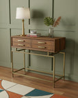 36" Brown and Brass Solid Wood Distressed Frame Console Table With Storage