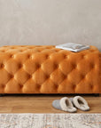 50" Orange and Dark Brown Velvet and Solid Wood Upholstered Bench