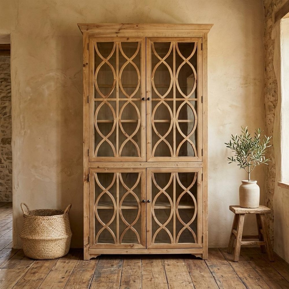 47" Natural Solid Wood Carved Geometric Accent Cabinet With Four Doors