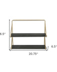 21" Dark Gray And Gold Metal And Wood Wall Mounted Tiered Shelf