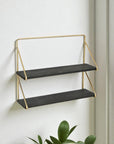 21" Dark Gray And Gold Metal And Wood Wall Mounted Tiered Shelf