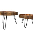 Set Of Two Black And Natural Brown Solid Wood And Iron Round End Tables