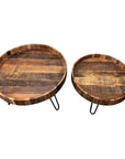 Set Of Two Black And Natural Brown Solid Wood And Iron Round End Tables