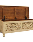 46" Antique White Solid Carved Wood Scroll Bench with Flip Top