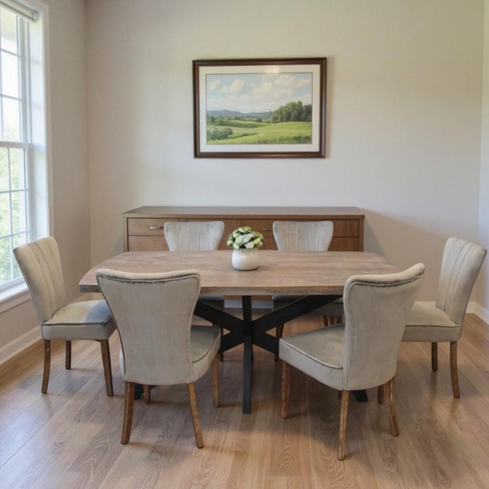 Seven Piece Gray and Black Solid Wood Dining Set with Six Chairs