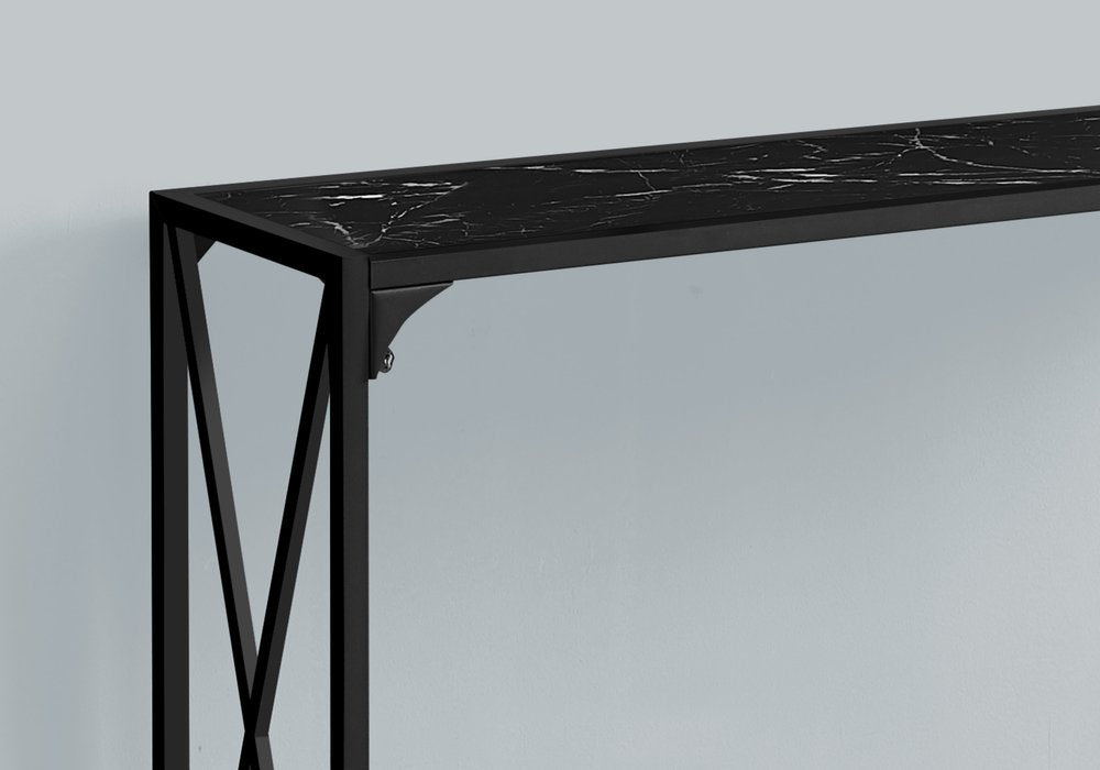 48" Black Wood and Metal Faux Marble Console Table With Shelf