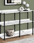 47" White and Black Wood and Metal Faux Marble Console Table With Three Shelves