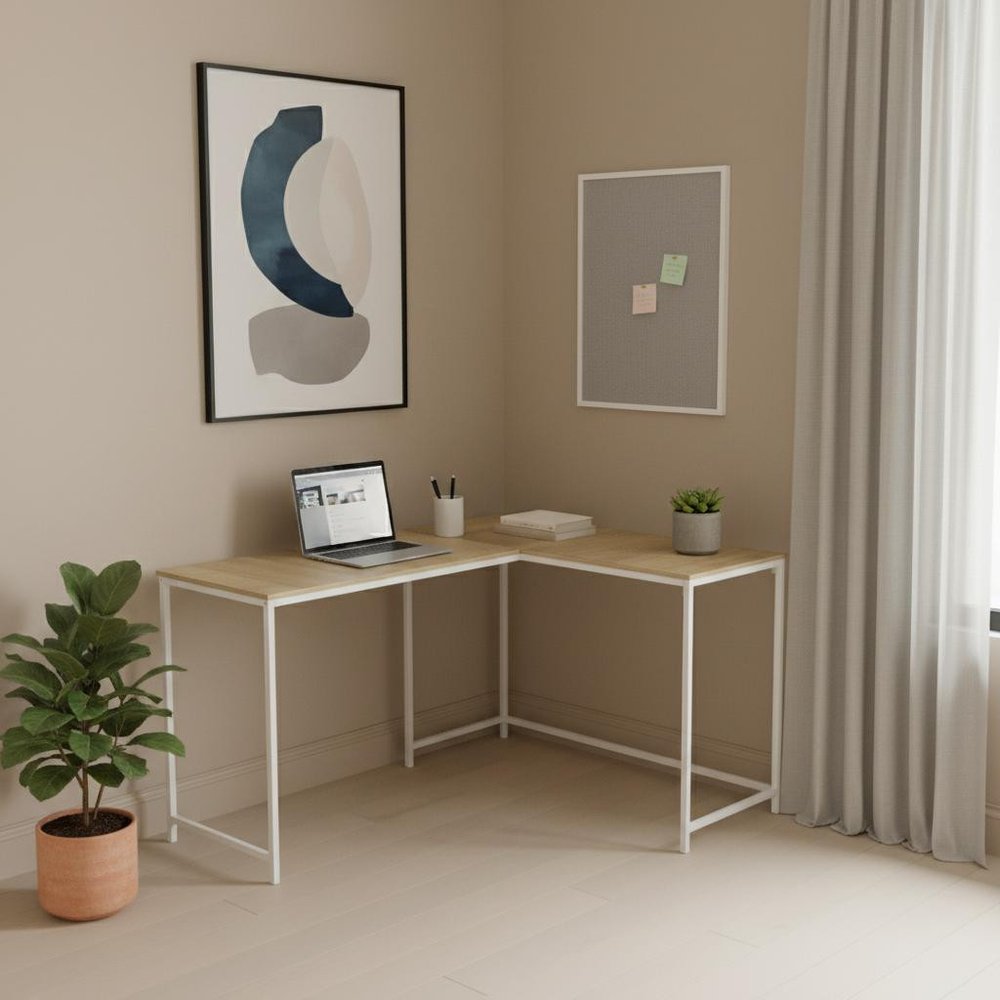 58" Natural and White Wood and Metal Corner Computer Desk
