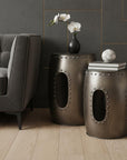 Set of Two Nickel Iron Round Drum End Tables