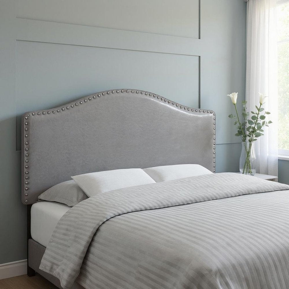 Gray Faux Leather Upholstered Camelback Full Headboard With Nail Head Trim