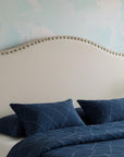 Beige Linen Blend Upholstered Arched Full Headboard With Nail Head Trim