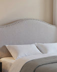Beige Linen Blend Upholstered Arched Full Headboard With Nail Head Trim