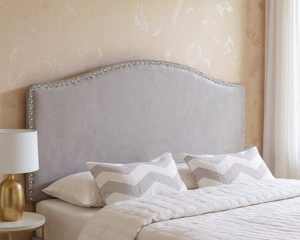 White Faux Leather Upholstered Arched Queen Headboard With Nail Head Trim