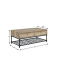 47" Oak and Brown Metal Coffee Table With Two Drawers And Shelf