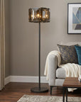 68" Dark Bronze Floor Lamp With Amber Solid Color Beveled Glass Drum Shade