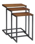 Set of Three Brown and Black Distressed Solid Wood and Metal Frame Nested Tables