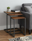 Set of Three Brown and Black Distressed Solid Wood and Metal Frame Nested Tables