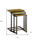 Set of Three Brown and Black Distressed Solid Wood and Steel Frame Nested Tables