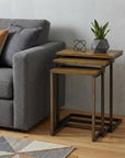 Set of Three Brown and Black Distressed Solid Wood and Steel Frame Nested Tables