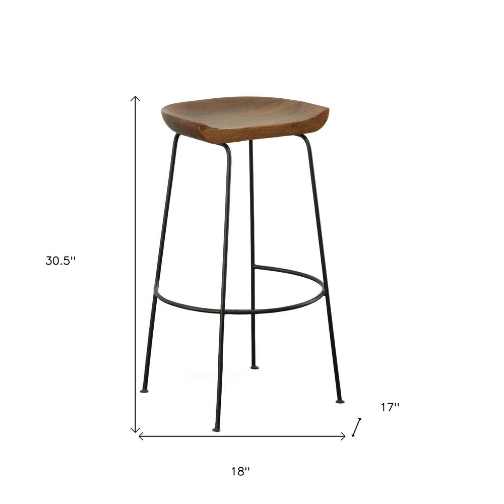 Set of Two 31" Chestnut And Black Solid Wood And Steel Backless Bar Height Bar Chairs