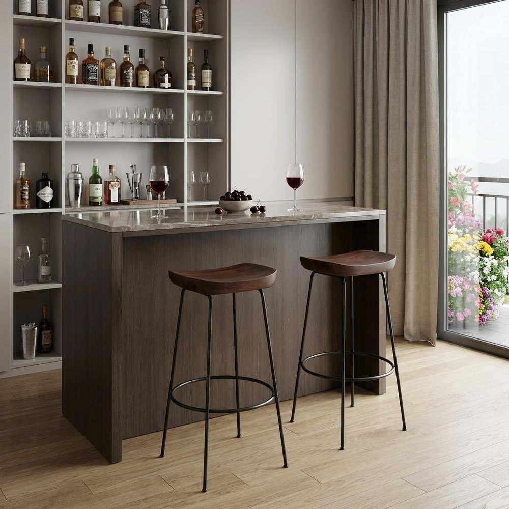 Set of Two 31" Chestnut And Black Solid Wood And Steel Backless Bar Height Bar Chairs
